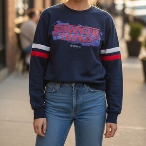 Stranger Things Netflix Navy Blue Crewneck Teen‎ Sweatshirt Striped Sleeves XL